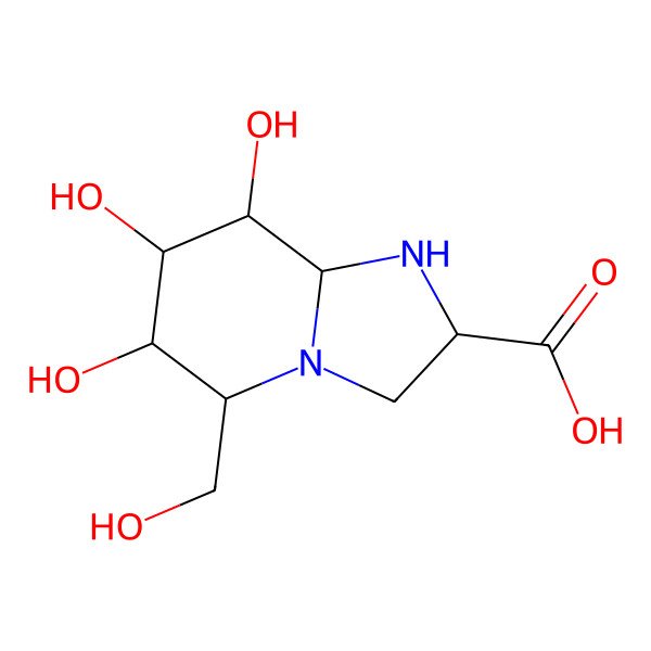 2D Structure of (5R,6R,7S,8S)-6,7,8-trihydroxy-5-(hydroxymethyl)-1,2,3,5,6,7,8,8a-octahydroimidazo[1,2-a]pyridine-2-carboxylic acid