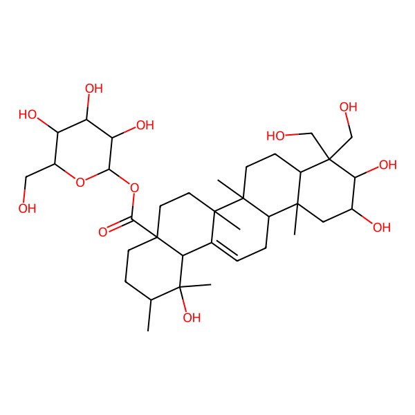 2D Structure of [3,4,5-Trihydroxy-6-(hydroxymethyl)oxan-2-yl] 1,10,11-trihydroxy-9,9-bis(hydroxymethyl)-1,2,6a,6b,12a-pentamethyl-2,3,4,5,6,6a,7,8,8a,10,11,12,13,14b-tetradecahydropicene-4a-carboxylate