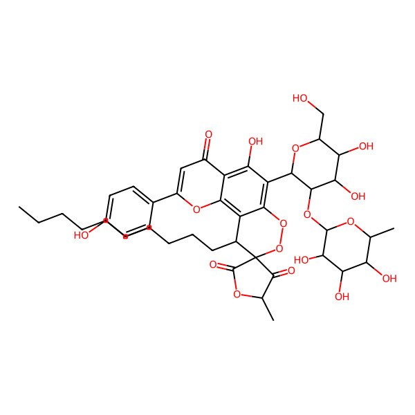 2D Structure of 10-decyl-6-[4,5-dihydroxy-6-(hydroxymethyl)-3-(3,4,5-trihydroxy-6-methyloxan-2-yl)oxyoxan-2-yl]-5-hydroxy-2-(4-hydroxyphenyl)-5'-methylspiro[10H-pyrano[2,3-f][1,2]benzodioxine-9,3'-oxolane]-2',4,4'-trione