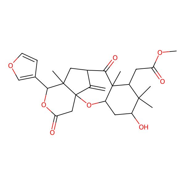 2D Structure of methyl 2-[(1S,3S,5R,7S,8R,10S,12S,13S)-13-(furan-3-yl)-5-hydroxy-6,6,8,12-tetramethyl-17-methylidene-9,15-dioxo-2,14-dioxatetracyclo[8.6.1.01,12.03,8]heptadecan-7-yl]acetate