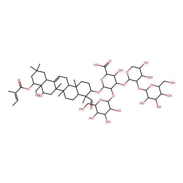 2D Structure of (2S,3S,4S,5R,6R)-6-[[(3S,4S,4aR,6aR,6bS,8R,8aR,9S,12aS,14aR,14bR)-4-formyl-8-hydroxy-8a-(hydroxymethyl)-4,6a,6b,11,11,14b-hexamethyl-9-[(Z)-2-methylbut-2-enoyl]oxy-1,2,3,4a,5,6,7,8,9,10,12,12a,14,14a-tetradecahydropicen-3-yl]oxy]-4-[(2S,3R,4S,5S)-4,5-dihydroxy-3-[(2S,3R,4S,5S,6R)-3,4,5-trihydroxy-6-(hydroxymethyl)oxan-2-yl]oxyoxan-2-yl]oxy-3-hydroxy-5-[(2S,3R,4S,5R,6R)-3,4,5-trihydroxy-6-(hydroxymethyl)oxan-2-yl]oxyoxane-2-carboxylic acid
