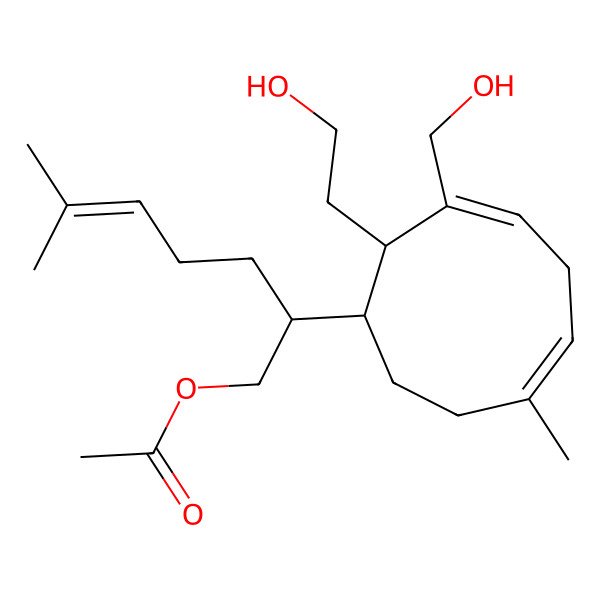 2D Structure of [(2R)-2-[(1R,3E,6E)-2-(2-hydroxyethyl)-3-(hydroxymethyl)-7-methylcyclonona-3,6-dien-1-yl]-6-methylhept-5-enyl] acetate