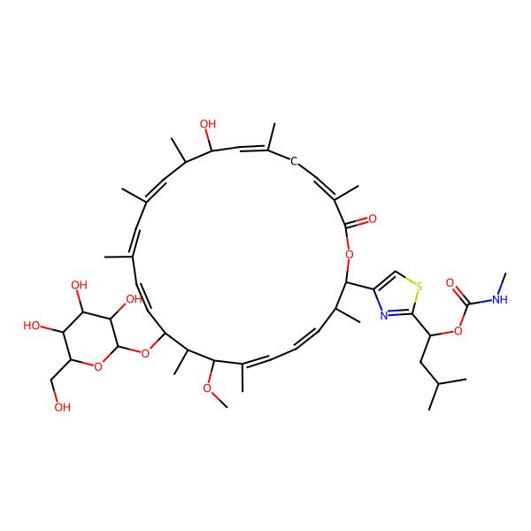 2D Structure of [1-[4-[18-hydroxy-8-methoxy-3,7,9,13,15,17,20,23-octamethyl-24-oxo-10-[3,4,5-trihydroxy-6-(hydroxymethyl)oxan-2-yl]oxy-1-oxacyclotetracosa-4,6,11,13,15,19,22-heptaen-2-yl]-1,3-thiazol-2-yl]-3-methylbutyl] N-methylcarbamate