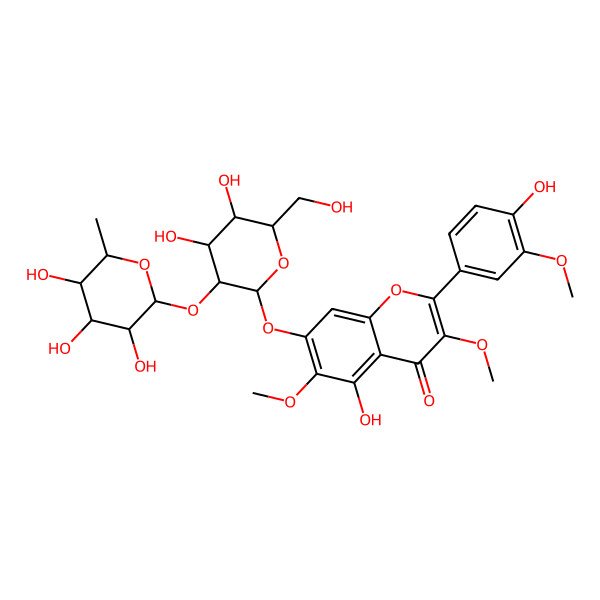 2D Structure of 7-[(2S,3S,4S,5R,6S)-4,5-dihydroxy-6-(hydroxymethyl)-3-[(2S,3R,4S,5R,6R)-3,4,5-trihydroxy-6-methyloxan-2-yl]oxyoxan-2-yl]oxy-5-hydroxy-2-(4-hydroxy-3-methoxyphenyl)-3,6-dimethoxychromen-4-one