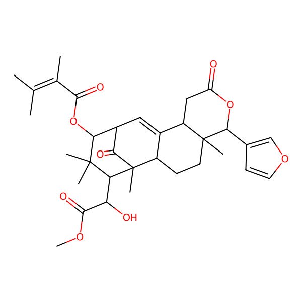 2D Structure of [6-(Furan-3-yl)-16-(1-hydroxy-2-methoxy-2-oxoethyl)-1,5,15,15-tetramethyl-8,17-dioxo-7-oxatetracyclo[11.3.1.02,11.05,10]heptadec-11-en-14-yl] 2,3-dimethylbut-2-enoate