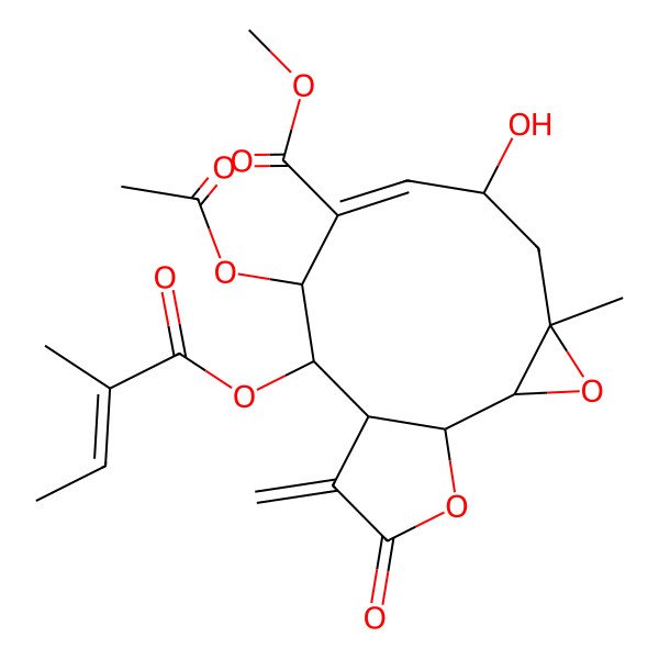 2D Structure of Methyl 9-acetyloxy-6-hydroxy-4-methyl-10-(2-methylbut-2-enoyloxy)-12-methylidene-13-oxo-3,14-dioxatricyclo[9.3.0.02,4]tetradec-7-ene-8-carboxylate