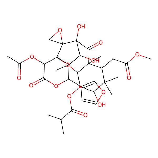 2D Structure of [16-Acetyloxy-13-(furan-3-yl)-5,10,11-trihydroxy-7-(2-methoxy-2-oxoethyl)-6,6,8,12-tetramethyl-9,15-dioxospiro[2,14-dioxatetracyclo[8.6.1.01,12.03,8]heptadecane-17,2'-oxirane]-4-yl] 2-methylpropanoate