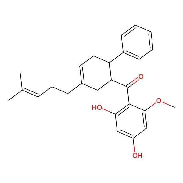 2D Structure of (2,4-dihydroxy-6-methoxyphenyl)-[(1R,6R)-3-(4-methylpent-3-enyl)-6-phenylcyclohex-3-en-1-yl]methanone