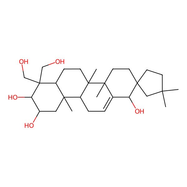 2D Structure of (1S,2S,4aS,4bR,6aR,8S,9R,10aR,10bR)-7,7-bis(hydroxymethyl)-1',1',4a,4b,10a-pentamethylspiro[3,4,5,6,6a,8,9,10,10b,11-decahydro-1H-chrysene-2,3'-cyclopentane]-1,8,9-triol