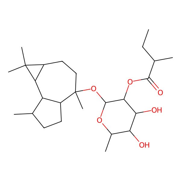 2D Structure of [(2S,3R,4S,5R,6R)-2-[[(1aR,4R,4aS,7R,7aS,7bS)-1,1,4,7-tetramethyl-2,3,4a,5,6,7,7a,7b-octahydro-1aH-cyclopropa[e]azulen-4-yl]oxy]-4,5-dihydroxy-6-methyloxan-3-yl] (2R)-2-methylbutanoate
