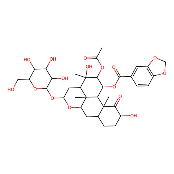 2D Structure of [(1S,2S,4S,7R,9R,11S,13R,14S,15R,16S,17R)-15-acetyloxy-4,14-dihydroxy-2,14,17-trimethyl-3-oxo-11-[(2S,3R,4S,5S,6R)-3,4,5-trihydroxy-6-(hydroxymethyl)oxan-2-yl]oxy-10-oxatetracyclo[7.7.1.02,7.013,17]heptadecan-16-yl] 1,3-benzodioxole-5-carboxylate