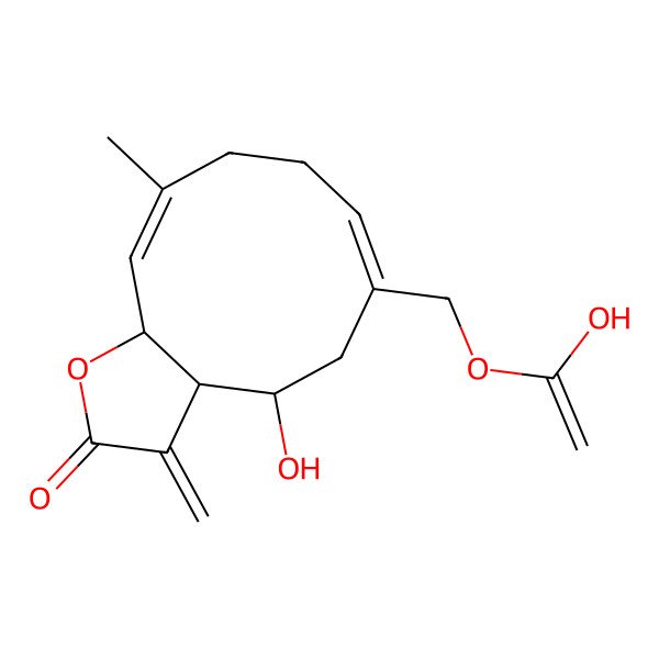 2D Structure of (3aR,4R,6Z,10E,11aR)-4-hydroxy-6-(1-hydroxyethenoxymethyl)-10-methyl-3-methylidene-3a,4,5,8,9,11a-hexahydrocyclodeca[b]furan-2-one