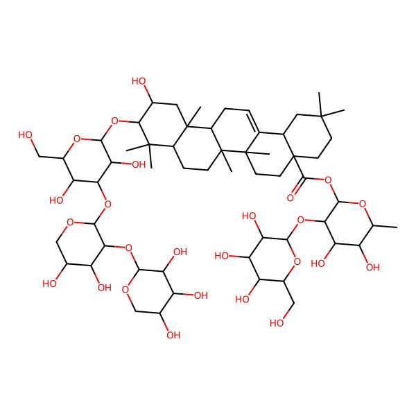 2D Structure of [(2S,3R,4R,5R,6S)-4,5-dihydroxy-6-methyl-3-[(2S,3R,4S,5S,6R)-3,4,5-trihydroxy-6-(hydroxymethyl)oxan-2-yl]oxyoxan-2-yl] (4aS,6aS,6aS,6bR,8aR,10R,11R,12aR,14bS)-10-[(2R,3R,4S,5R,6R)-4-[(2S,3R,4S,5S)-4,5-dihydroxy-3-[(2S,3R,4S,5S)-3,4,5-trihydroxyoxan-2-yl]oxyoxan-2-yl]oxy-3,5-dihydroxy-6-(hydroxymethyl)oxan-2-yl]oxy-11-hydroxy-2,2,6a,6b,9,9,12a-heptamethyl-1,3,4,5,6,6a,7,8,8a,10,11,12,13,14b-tetradecahydropicene-4a-carboxylate