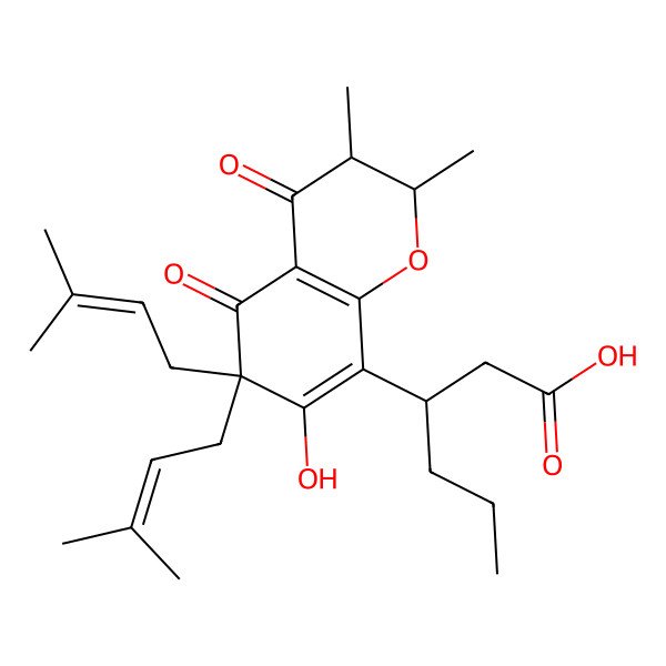 2D Structure of 3-[(2R,3R)-5-hydroxy-2,3-dimethyl-6,6-bis(3-methylbut-2-enyl)-4,7-dioxo-2,3-dihydrochromen-8-yl]hexanoic acid