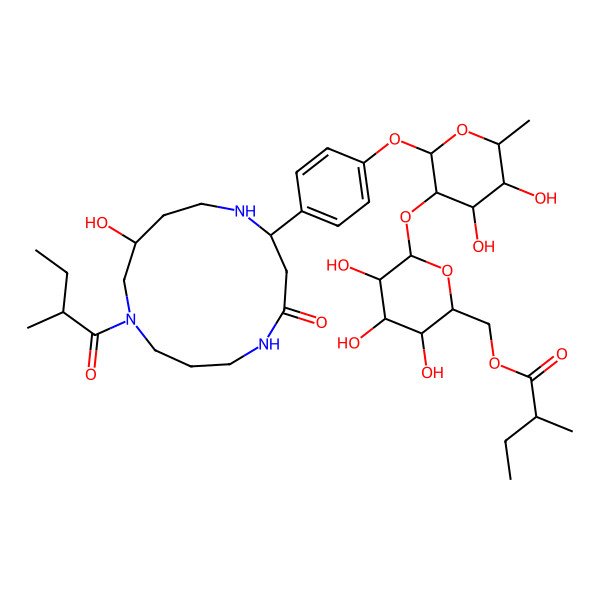 2D Structure of [(2R,3S,4S,5R,6S)-6-[(2S,3R,4R,5R,6S)-4,5-dihydroxy-2-[4-[(2R,11S)-11-hydroxy-9-[(2S)-2-methylbutanoyl]-4-oxo-1,5,9-triazacyclotridec-2-yl]phenoxy]-6-methyloxan-3-yl]oxy-3,4,5-trihydroxyoxan-2-yl]methyl (2S)-2-methylbutanoate