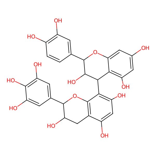 2D Structure of (2R,3R)-2-(3,4-dihydroxyphenyl)-4-[(2R,3R)-3,5,7-trihydroxy-2-(3,4,5-trihydroxyphenyl)chroman-8-yl]chromane-3,5,7-triol