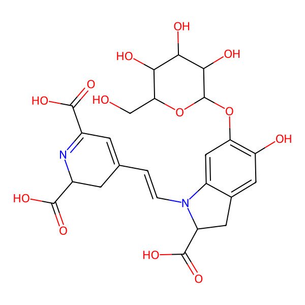 2D Structure of (2S)-4-[(E)-2-[(2R)-2-carboxy-5-hydroxy-6-[(2S,3R,4S,5S,6R)-3,4,5-trihydroxy-6-(hydroxymethyl)oxan-2-yl]oxy-2,3-dihydroindol-1-yl]ethenyl]-2,3-dihydropyridine-2,6-dicarboxylic acid