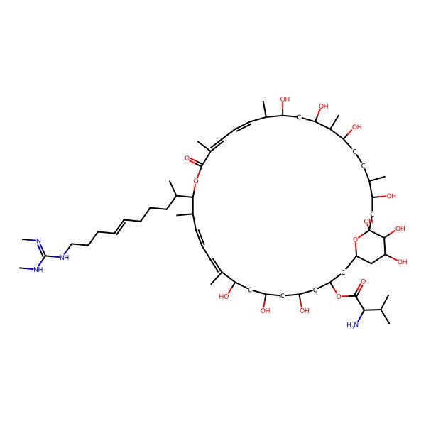 2D Structure of [15-[10-[(N,N'-dimethylcarbamimidoyl)amino]dec-6-en-2-yl]-5,7,9,23,25,27,31,33,34,35-decahydroxy-10,14,18,22,26,30-hexamethyl-17-oxo-16,37-dioxabicyclo[31.3.1]heptatriaconta-10,12,18,20-tetraen-3-yl] 2-amino-3-methylbutanoate