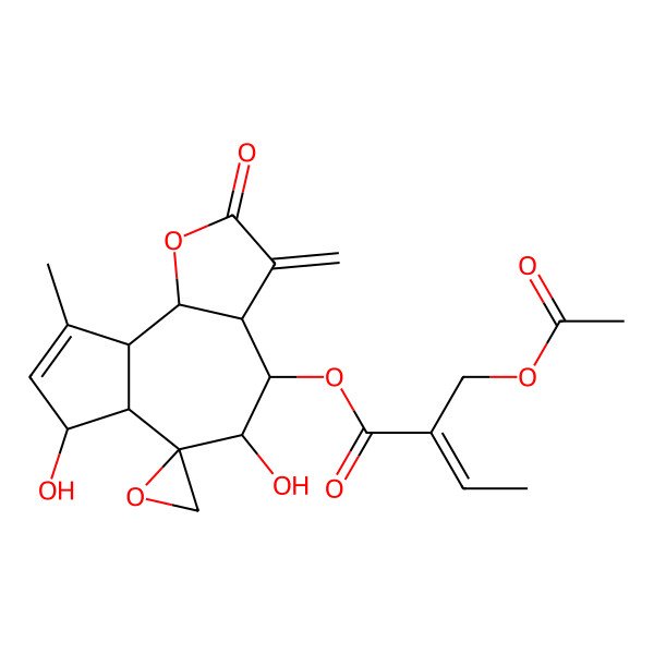 2D Structure of (5,7-dihydroxy-9-methyl-3-methylidene-2-oxospiro[4,5,6a,7,9a,9b-hexahydro-3aH-azuleno[4,5-b]furan-6,2'-oxirane]-4-yl) 2-(acetyloxymethyl)but-2-enoate