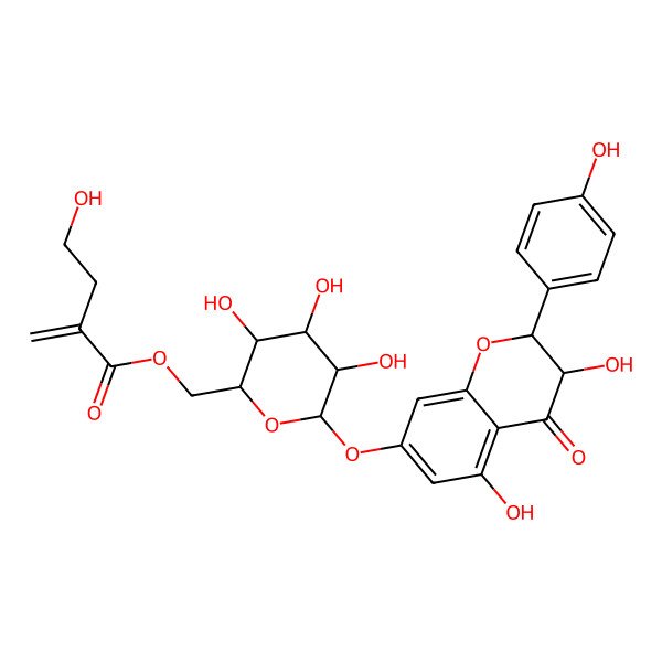 2D Structure of [6-[[3,5-Dihydroxy-2-(4-hydroxyphenyl)-4-oxo-2,3-dihydrochromen-7-yl]oxy]-3,4,5-trihydroxyoxan-2-yl]methyl 4-hydroxy-2-methylidenebutanoate