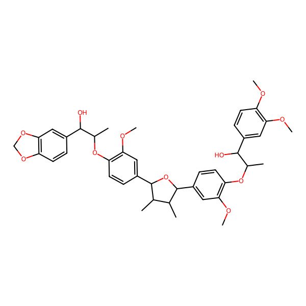 2D Structure of (1R,2R)-1-(1,3-benzodioxol-5-yl)-2-[4-[(2S,3R,4R,5S)-5-[4-[(1R,2S)-1-(3,4-dimethoxyphenyl)-1-hydroxypropan-2-yl]oxy-3-methoxyphenyl]-3,4-dimethyloxolan-2-yl]-2-methoxyphenoxy]propan-1-ol