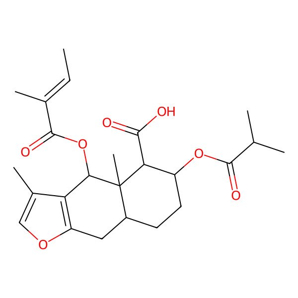 2D Structure of (4S,4aS,5R,6S,8aR)-3,4a-dimethyl-4-[(E)-2-methylbut-2-enoyl]oxy-6-(2-methylpropanoyloxy)-5,6,7,8,8a,9-hexahydro-4H-benzo[f][1]benzofuran-5-carboxylic acid