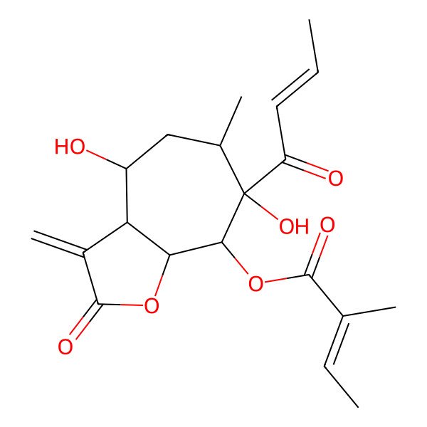 2D Structure of (7-But-2-enoyl-4,7-dihydroxy-6-methyl-3-methylidene-2-oxo-3a,4,5,6,8,8a-hexahydrocyclohepta[b]furan-8-yl) 2-methylbut-2-enoate
