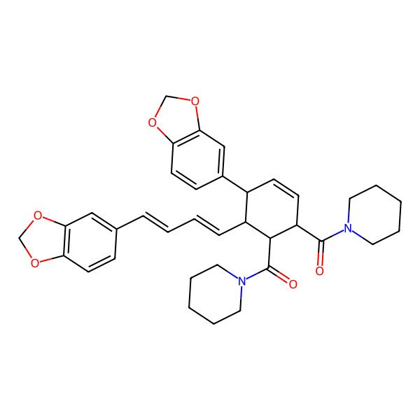 2D Structure of [4-(1,3-Benzodioxol-5-yl)-5-[4-(1,3-benzodioxol-5-yl)buta-1,3-dienyl]-6-(piperidine-1-carbonyl)cyclohex-2-en-1-yl]-piperidin-1-ylmethanone
