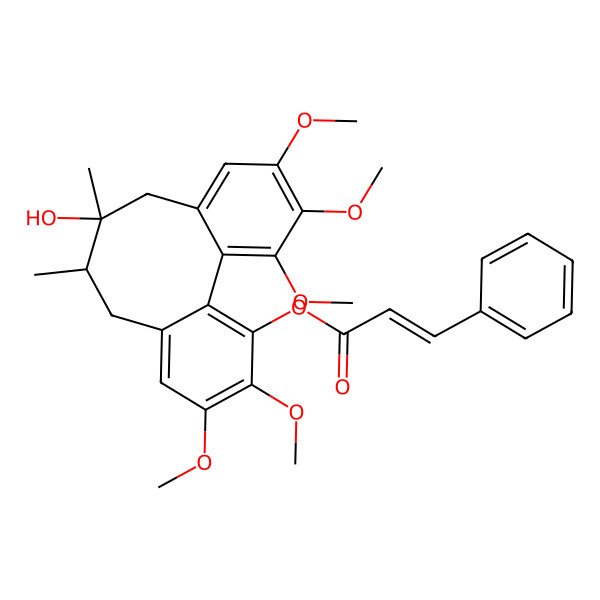 2D Structure of [(9R,10S)-10-hydroxy-4,5,14,15,16-pentamethoxy-9,10-dimethyl-3-tricyclo[10.4.0.02,7]hexadeca-1(16),2,4,6,12,14-hexaenyl] (E)-3-phenylprop-2-enoate
