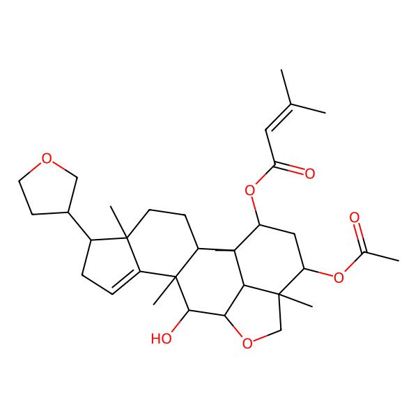 2D Structure of [(1R,2R,5S,6S,10R,11S,12R,15R,16R,18S,19R)-16-acetyloxy-11-hydroxy-1,5,10,15-tetramethyl-6-[(3S)-oxolan-3-yl]-13-oxapentacyclo[10.6.1.02,10.05,9.015,19]nonadec-8-en-18-yl] 3-methylbut-2-enoate