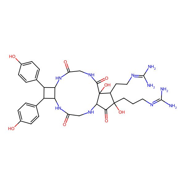 2D Structure of 2-[3-[(1R,6R,7R,8S,9S,15S,16R,17S)-16-[2-(diaminomethylideneamino)ethyl]-15,17-dihydroxy-7,8-bis(4-hydroxyphenyl)-4,11,14,18-tetraoxo-2,5,10,13-tetrazatricyclo[13.3.0.06,9]octadecan-17-yl]propyl]guanidine