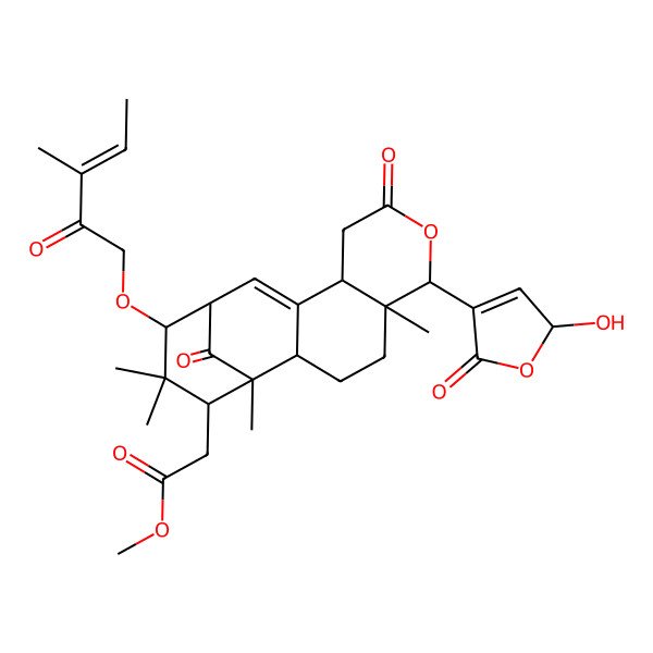 2D Structure of methyl 2-[(1R,2S,5R,6R,10S,14R,16S)-6-(2-hydroxy-5-oxo-2H-furan-4-yl)-1,5,15,15-tetramethyl-14-[(E)-3-methyl-2-oxopent-3-enoxy]-8,17-dioxo-7-oxatetracyclo[11.3.1.02,11.05,10]heptadec-11-en-16-yl]acetate