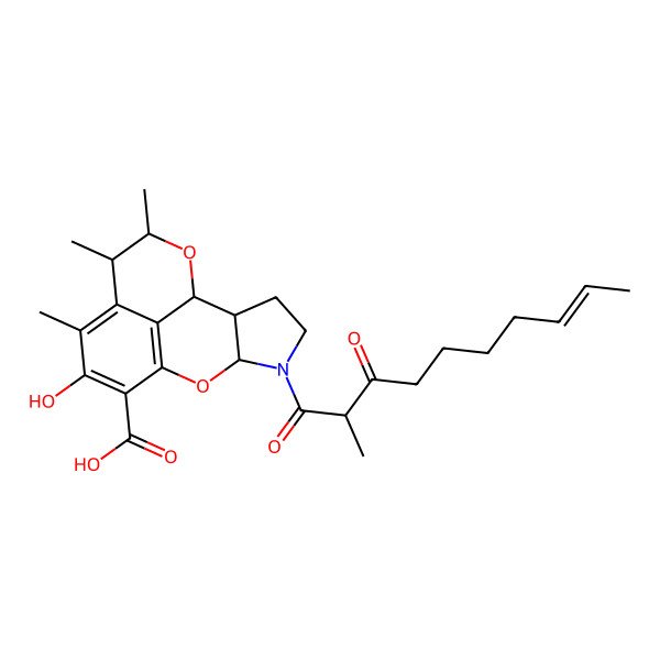 2D Structure of (6S,7R,9S,10S,14R)-3-hydroxy-4,6,7-trimethyl-13-[(E,2R)-2-methyl-3-oxodec-8-enoyl]-8,15-dioxa-13-azatetracyclo[7.6.1.05,16.010,14]hexadeca-1(16),2,4-triene-2-carboxylic acid