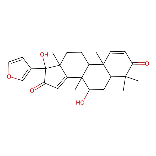 2D Structure of 17-(Furan-3-yl)-7,17-dihydroxy-4,4,8,10,13-pentamethyl-5,6,7,9,11,12-hexahydrocyclopenta[a]phenanthrene-3,16-dione