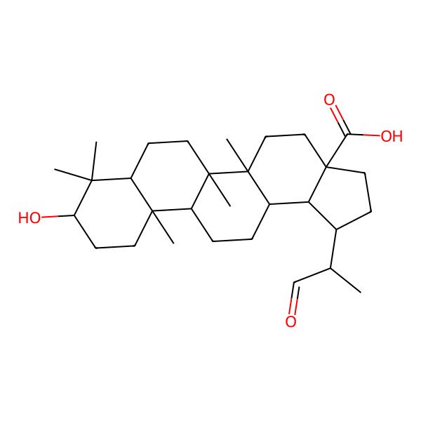 2D Structure of 9-Hydroxy-5a,5b,8,8,11a-pentamethyl-1-(1-oxopropan-2-yl)-1,2,3,4,5,6,7,7a,9,10,11,11b,12,13,13a,13b-hexadecahydrocyclopenta[a]chrysene-3a-carboxylic acid