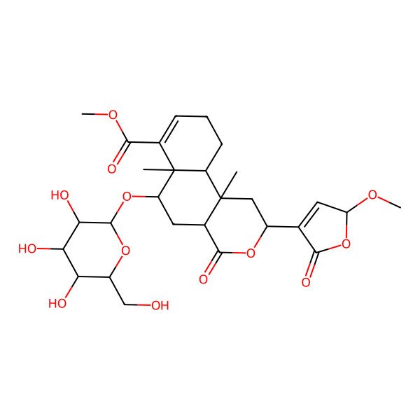 2D Structure of methyl 2-(2-methoxy-5-oxo-2H-furan-4-yl)-6a,10b-dimethyl-4-oxo-6-[3,4,5-trihydroxy-6-(hydroxymethyl)oxan-2-yl]oxy-1,2,4a,5,6,9,10,10a-octahydrobenzo[f]isochromene-7-carboxylate