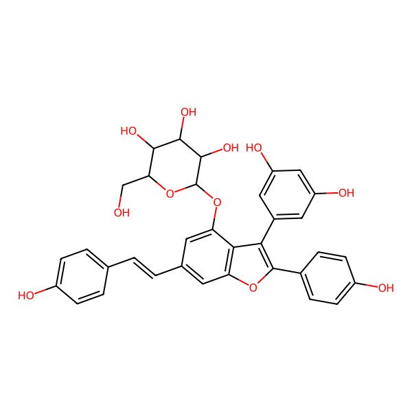 2D Structure of 2-[[3-(3,5-Dihydroxyphenyl)-2-(4-hydroxyphenyl)-6-[2-(4-hydroxyphenyl)ethenyl]-1-benzofuran-4-yl]oxy]-6-(hydroxymethyl)oxane-3,4,5-triol