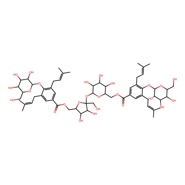 2D Structure of [6-[5-[[3,5-Bis(3-methylbut-2-enyl)-4-[3,4,5-trihydroxy-6-(hydroxymethyl)oxan-2-yl]oxybenzoyl]oxymethyl]-3,4-dihydroxy-2-(hydroxymethyl)oxolan-2-yl]oxy-3,4,5-trihydroxyoxan-2-yl]methyl 3,5-bis(3-methylbut-2-enyl)-4-[3,4,5-trihydroxy-6-(hydroxymethyl)oxan-2-yl]oxybenzoate