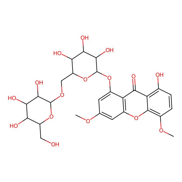 2D Structure of 8-hydroxy-3,5-dimethoxy-1-[(2S,3R,4S,5S,6R)-3,4,5-trihydroxy-6-[[(2R,3R,4S,5S,6R)-3,4,5-trihydroxy-6-(hydroxymethyl)oxan-2-yl]oxymethyl]oxan-2-yl]oxyxanthen-9-one