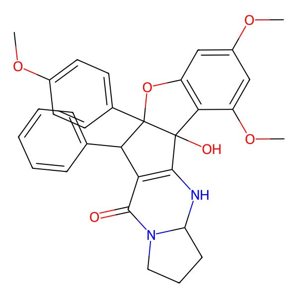 2D Structure of 2-Hydroxy-4,6-dimethoxy-10-(4-methoxyphenyl)-11-phenyl-9-oxa-14,19-diazapentacyclo[10.7.0.02,10.03,8.014,18]nonadeca-1(12),3(8),4,6-tetraen-13-one
