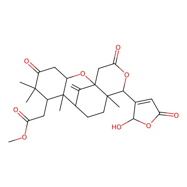 2D Structure of methyl 2-[(1R,3R,7S,8S,9S,12R,13S)-13-[(2R)-2-hydroxy-5-oxo-2H-furan-3-yl]-6,6,8,12-tetramethyl-17-methylidene-5,15-dioxo-2,14-dioxatetracyclo[7.7.1.01,12.03,8]heptadecan-7-yl]acetate