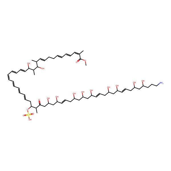 2D Structure of methyl (2E,4E,6E,10E,16E,18E,20E,22E,24E,26E,36E,44E,50E)-58-amino-13,15,33,35,39,41,43,47,49,53,55-undecahydroxy-2,12,14,30-tetramethyl-31-oxo-29-sulfooxyoctapentaconta-2,4,6,10,16,18,20,22,24,26,36,44,50-tridecaenoate 2D Structure of methyl (2E,4E,6E,10E,16E,18E,20E,22E,24E,26E,36E,44E,50E)-58-amino-13,15,33,35,39,41,43,47,49,53,55-undecahydroxy-2,12,14,30-tetramethyl-31-oxo-29-sulfooxyoctapentaconta-2,4,6,10,16,18,20,22,24,26,36,44,50-tridecaenoate
