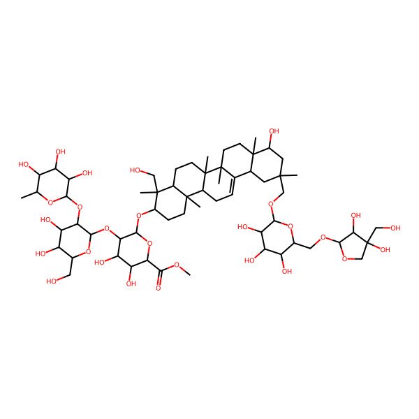 2D Structure of Methyl 6-[[11-[[6-[[3,4-dihydroxy-4-(hydroxymethyl)oxolan-2-yl]oxymethyl]-3,4,5-trihydroxyoxan-2-yl]oxymethyl]-9-hydroxy-4-(hydroxymethyl)-4,6a,6b,8a,11,14b-hexamethyl-1,2,3,4a,5,6,7,8,9,10,12,12a,14,14a-tetradecahydropicen-3-yl]oxy]-5-[4,5-dihydroxy-6-(hydroxymethyl)-3-(3,4,5-trihydroxy-6-methyloxan-2-yl)oxyoxan-2-yl]oxy-3,4-dihydroxyoxane-2-carboxylate
