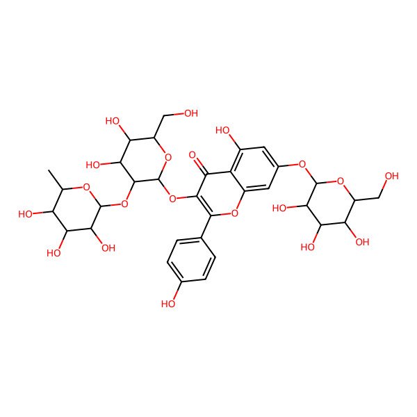 2D Structure of 3-[(2S,3S,4S,5S,6S)-4,5-dihydroxy-6-(hydroxymethyl)-3-[(2S,3S,4R,5R,6S)-3,4,5-trihydroxy-6-methyloxan-2-yl]oxyoxan-2-yl]oxy-5-hydroxy-2-(4-hydroxyphenyl)-7-[(2S,3S,4S,5S,6R)-3,4,5-trihydroxy-6-(hydroxymethyl)oxan-2-yl]oxychromen-4-one