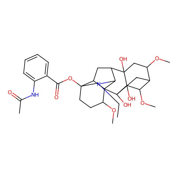 2D Structure of [(1S,2R,3S,4S,5R,6S,8S,9R,10S,13S,16S,17S)-11-ethyl-2,3,8-trihydroxy-4,6,16-trimethoxy-11-azahexacyclo[7.7.2.12,5.01,10.03,8.013,17]nonadecan-13-yl] 2-acetamidobenzoate