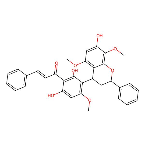 2D Structure of 1-[2,6-dihydroxy-3-(7-hydroxy-5,8-dimethoxy-2-phenyl-3,4-dihydro-2H-chromen-4-yl)-4-methoxyphenyl]-3-phenylprop-2-en-1-one