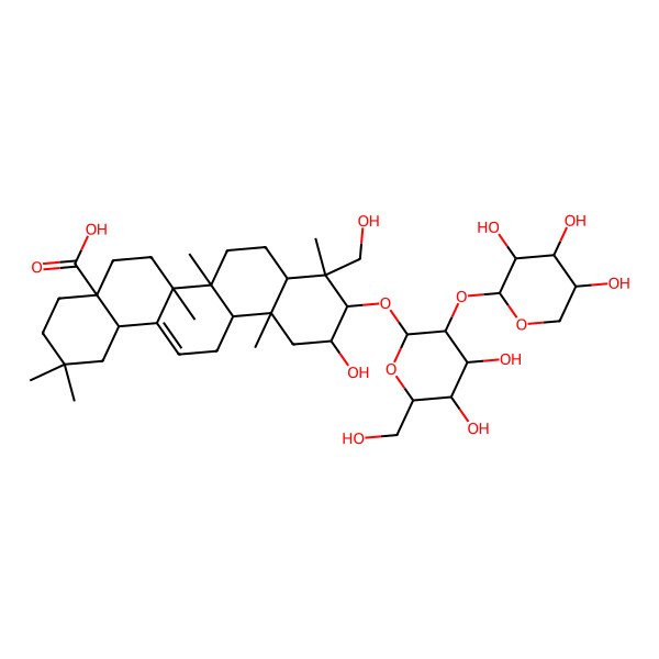 2D Structure of 10-[4,5-Dihydroxy-6-(hydroxymethyl)-3-(3,4,5-trihydroxyoxan-2-yl)oxyoxan-2-yl]oxy-11-hydroxy-9-(hydroxymethyl)-2,2,6a,6b,9,12a-hexamethyl-1,3,4,5,6,6a,7,8,8a,10,11,12,13,14b-tetradecahydropicene-4a-carboxylic acid