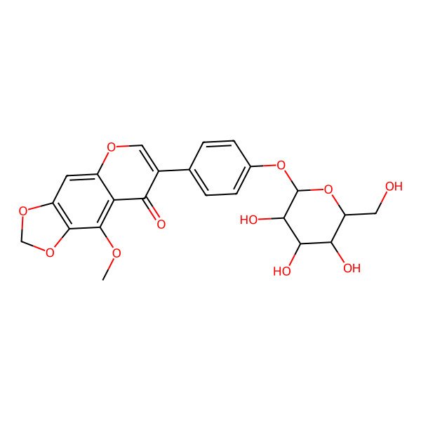 2D Structure of 9-methoxy-7-[4-[(2S,3R,4S,5S,6R)-3,4,5-trihydroxy-6-(hydroxymethyl)oxan-2-yl]oxyphenyl]-[1,3]dioxolo[4,5-g]chromen-8-one