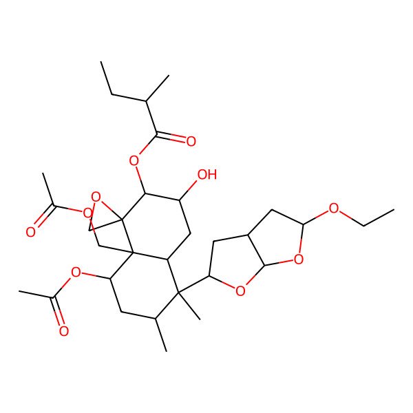2D Structure of [(1R,2S,3R,4aR,5S,6R,8S,8aR)-5-[(2S,3aS,5S,6aR)-5-ethoxy-2,3,3a,4,5,6a-hexahydrofuro[2,3-b]furan-2-yl]-8-acetyloxy-8a-(acetyloxymethyl)-3-hydroxy-5,6-dimethylspiro[3,4,4a,6,7,8-hexahydro-2H-naphthalene-1,2'-oxirane]-2-yl] (2R)-2-methylbutanoate