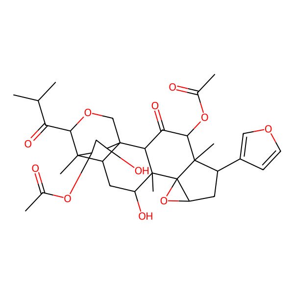 2D Structure of [4-Acetyloxy-6-(furan-3-yl)-12,19-dihydroxy-5,11,15-trimethyl-16-(2-methylpropanoyl)-3-oxo-9,17-dioxahexacyclo[13.3.3.01,14.02,11.05,10.08,10]henicosan-21-yl] acetate